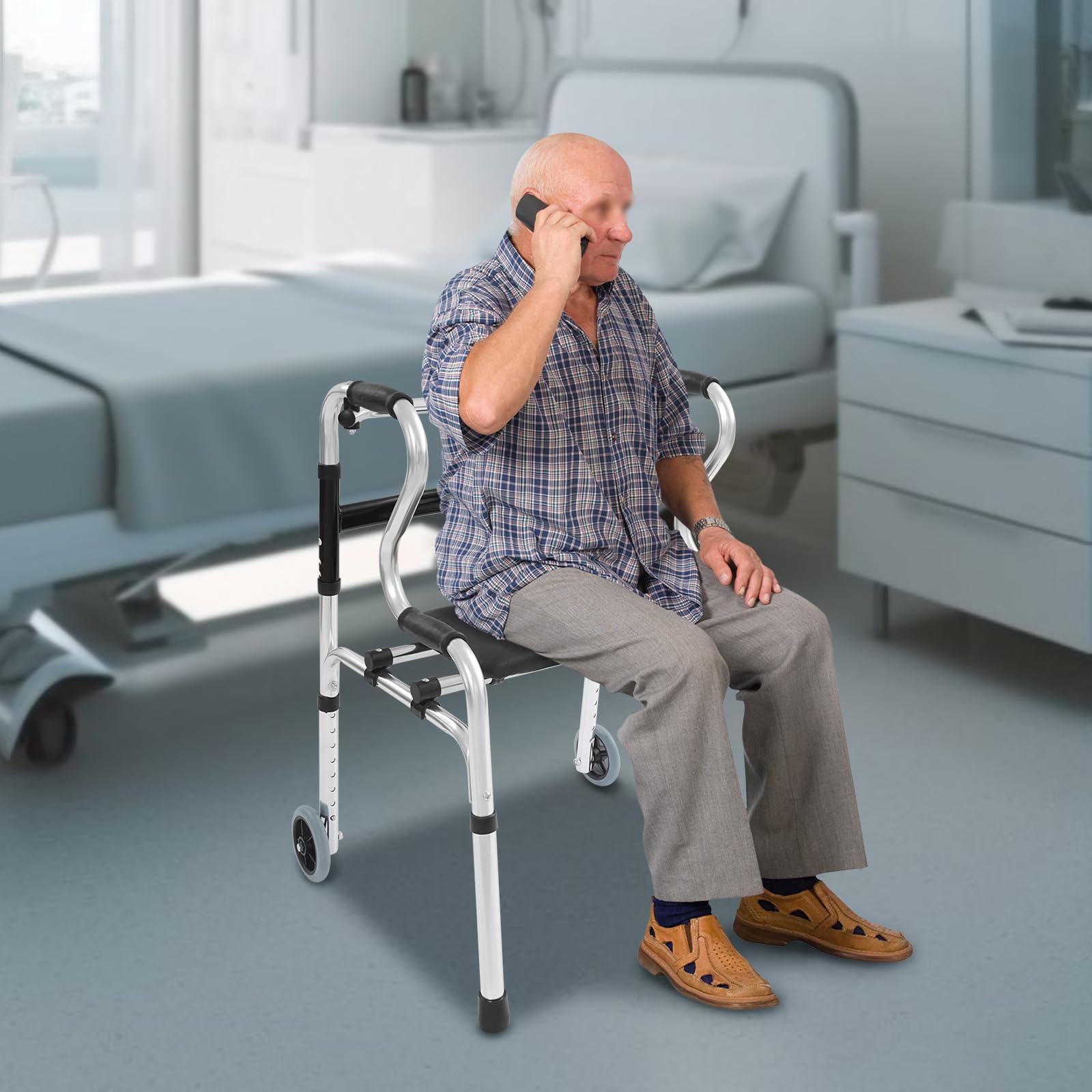 Chodzik dla seniorów, 2 kółka, regulowana wysokość 75-90 cm, składany chodzik, stabilny chodzik z antypoślizgowymi nóżkami dla mężczyzn, kobiet, seniorów, obciążenie 100 kg, srebrny