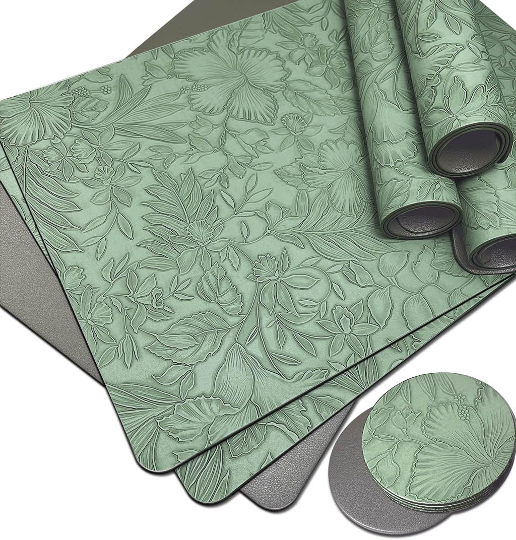 Embossed Flower Vinyl Table Placemats & Coaster Sets,Wipe Clean Pattern Placemats Set of 6,Waterproof_Washable Dinner Place Mats for Table, Plain Green Faux Leather Table Mats for Dining Table-Outdoor