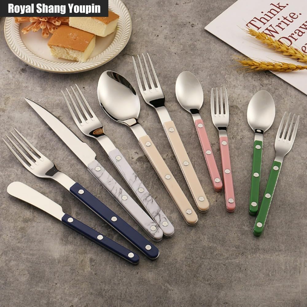 Manico Con Rivetto in ABS Manico Con Motivo in Marmo Cucina Acciaio Inossidabile Posate Stoviglie Posate Coltelli Forchette Cucchiai Set, Coltello Da Burro Cucchiaio (Verde,12 pezzi)