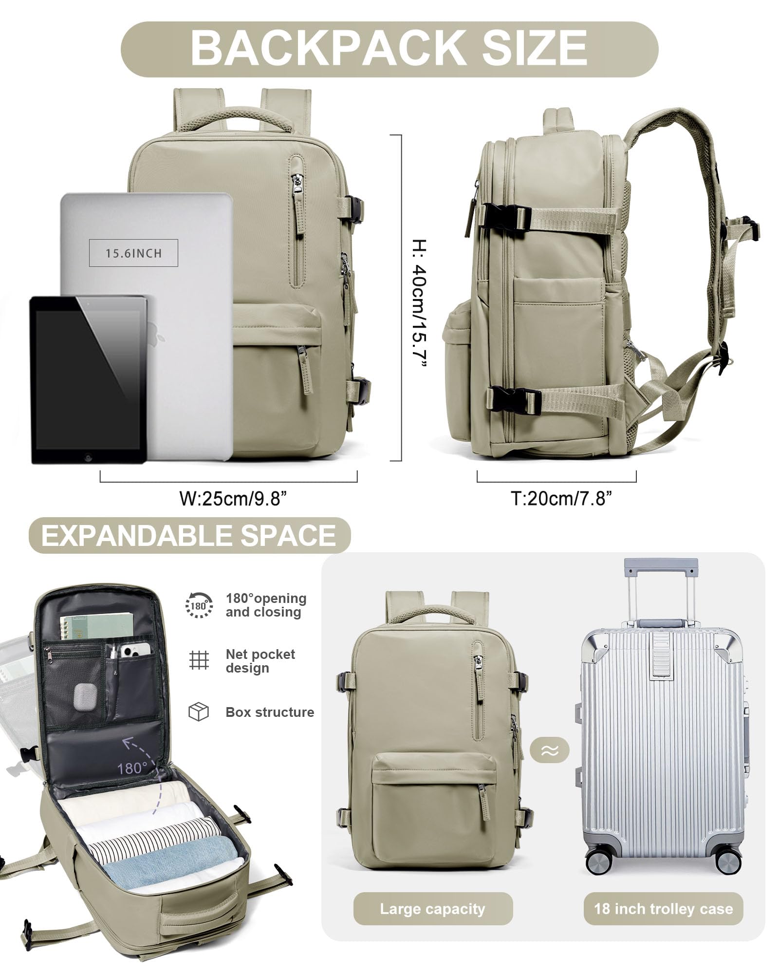 Zaino da Viaggio per Ryanair 40x20x25 Bagaglio a Mano Zaino Borse da Cabina per Ryanair Il Sedile Zaino Aereo Bagaglio a Mano Donna Borsa Cabina Viaggio Zaino Viaggio Casual Daypack,Grigio marrone