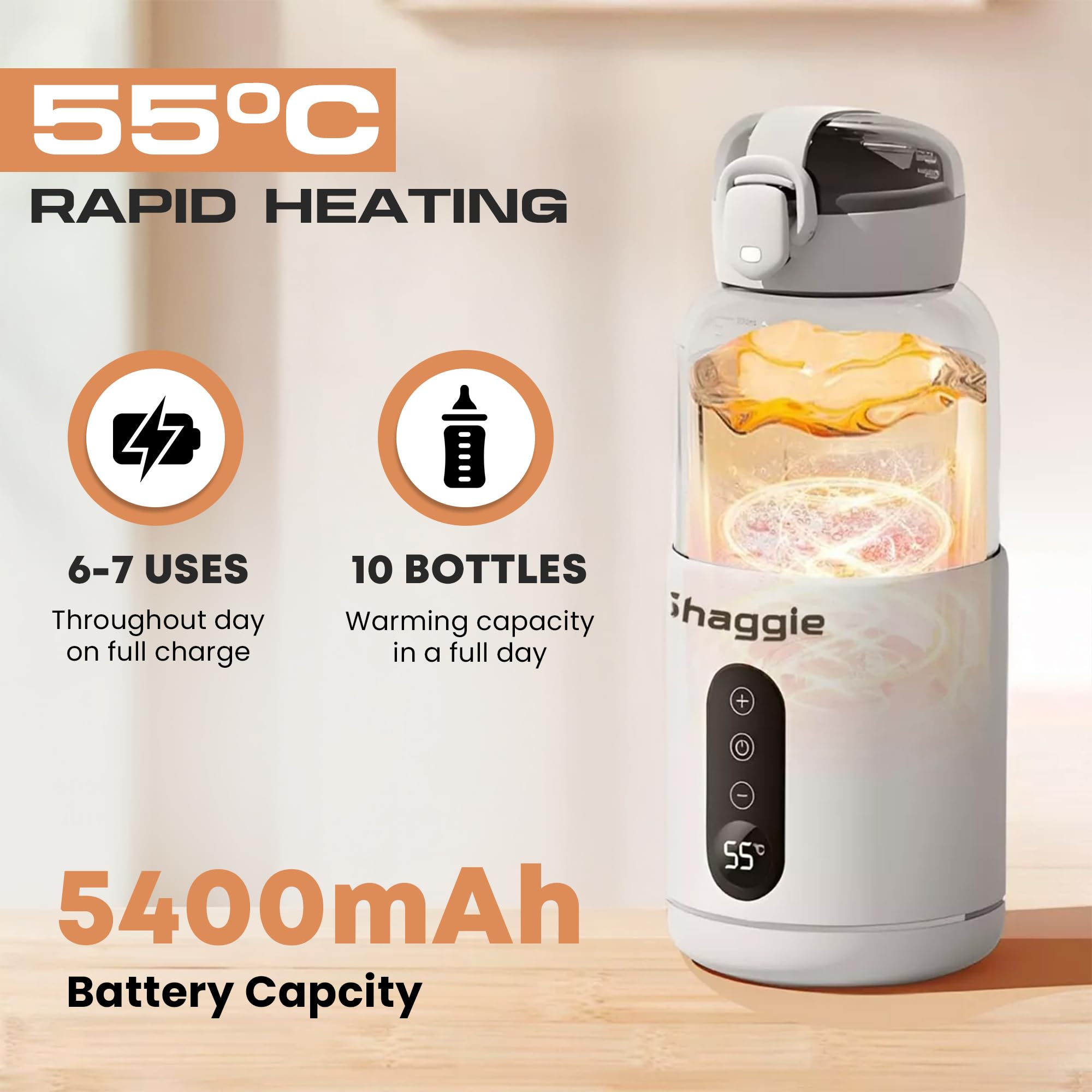 Shaggie Portable Milk Warmer for Travel – Fast Heating to 131°F for Breast Milk & Formula for Baby, USB Rechargeable, Long Battery Life, Leak-Proof, Large Capacity, Ideal for On-The-Go Moms – White