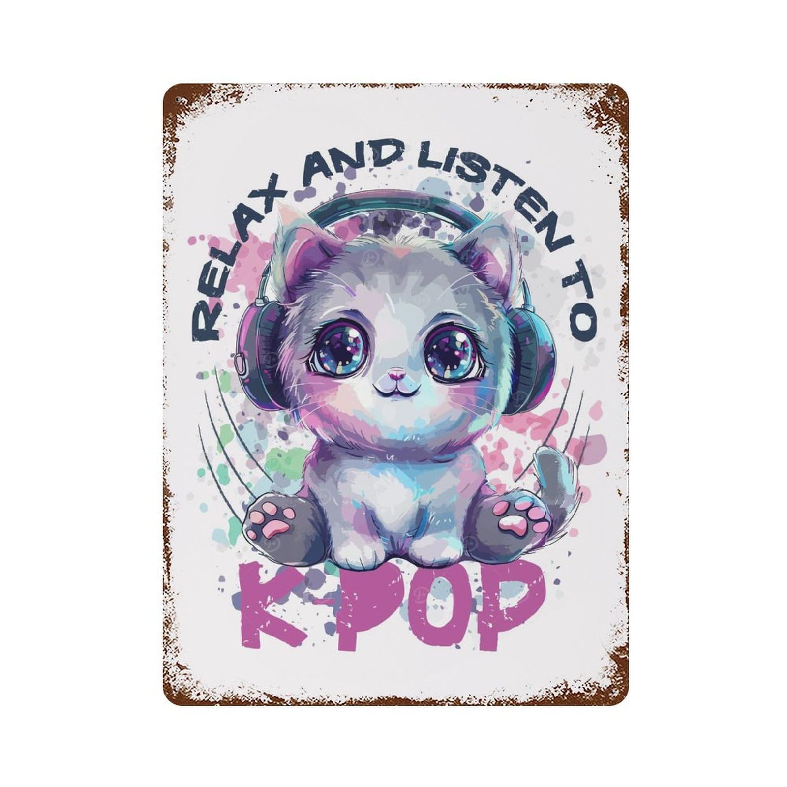 Kpop Cat with Headphones Rustic Tin Plaque 15.7"x11.8", Ideal for Patio, Garden Room And Bar Decor