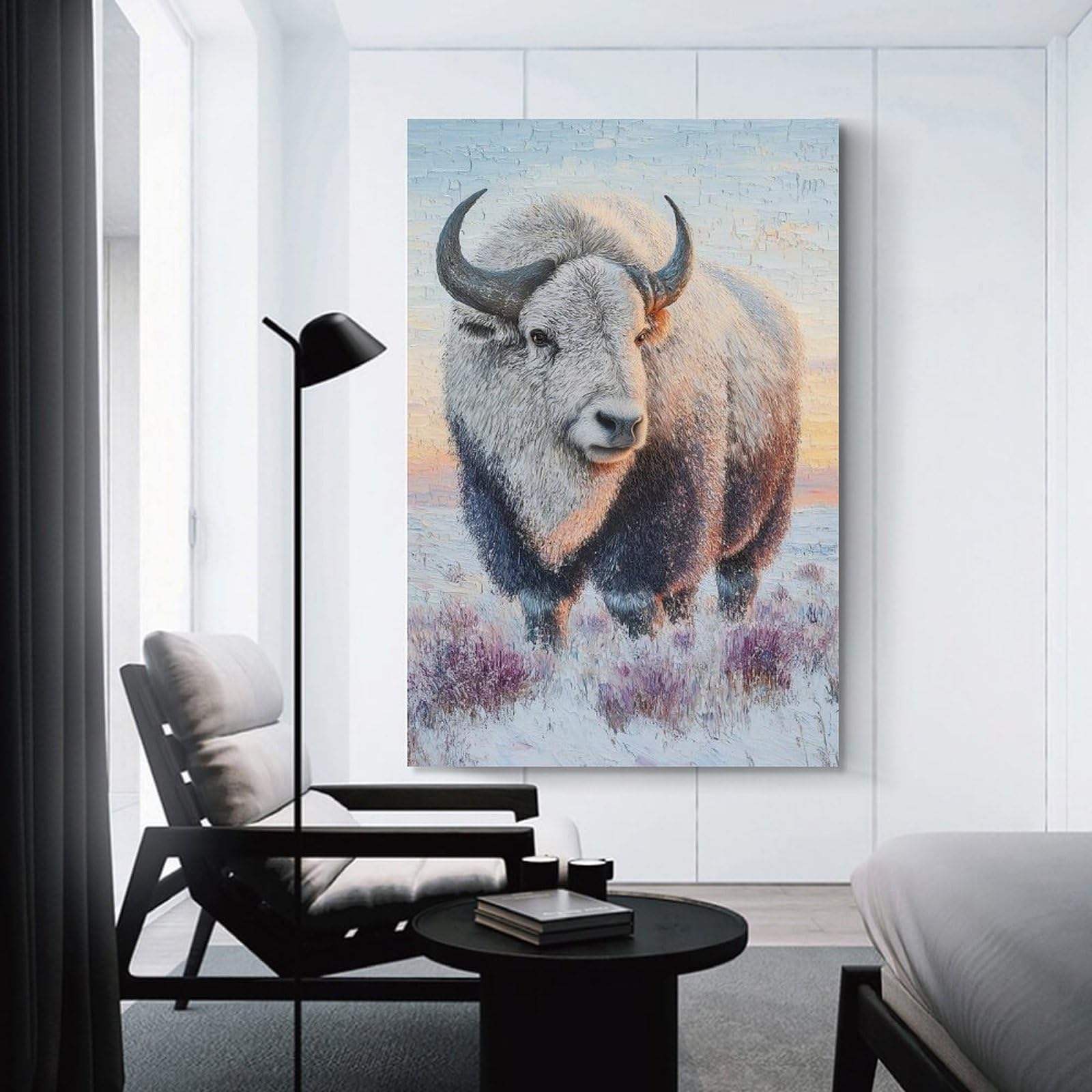 Junmoney White Bison in Snowy Landscape Wall Art Print 20x30inch(50x75cm), for Living Room, Bedroom Or Home Office, Thoughtful Wall Decor for Art Lovers