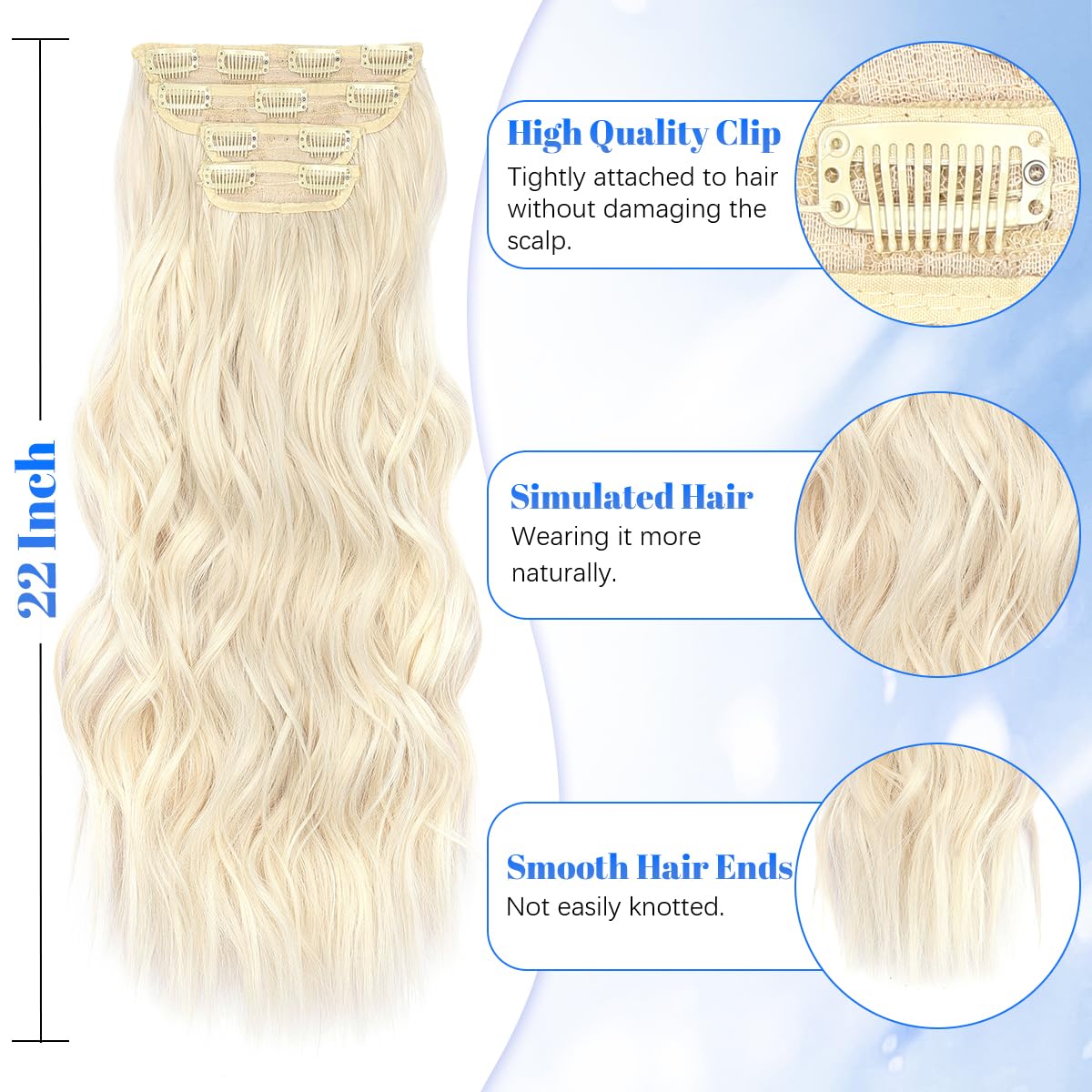 JIAMEISI Clip in Hair Extensions 4PCS Full Head Long Wavy Hair Extensions Synthetic Fiber 22 Inch 200g Clip in Thick Hairpieces for Women/Girls (#60/60A Blonde) - Image 3