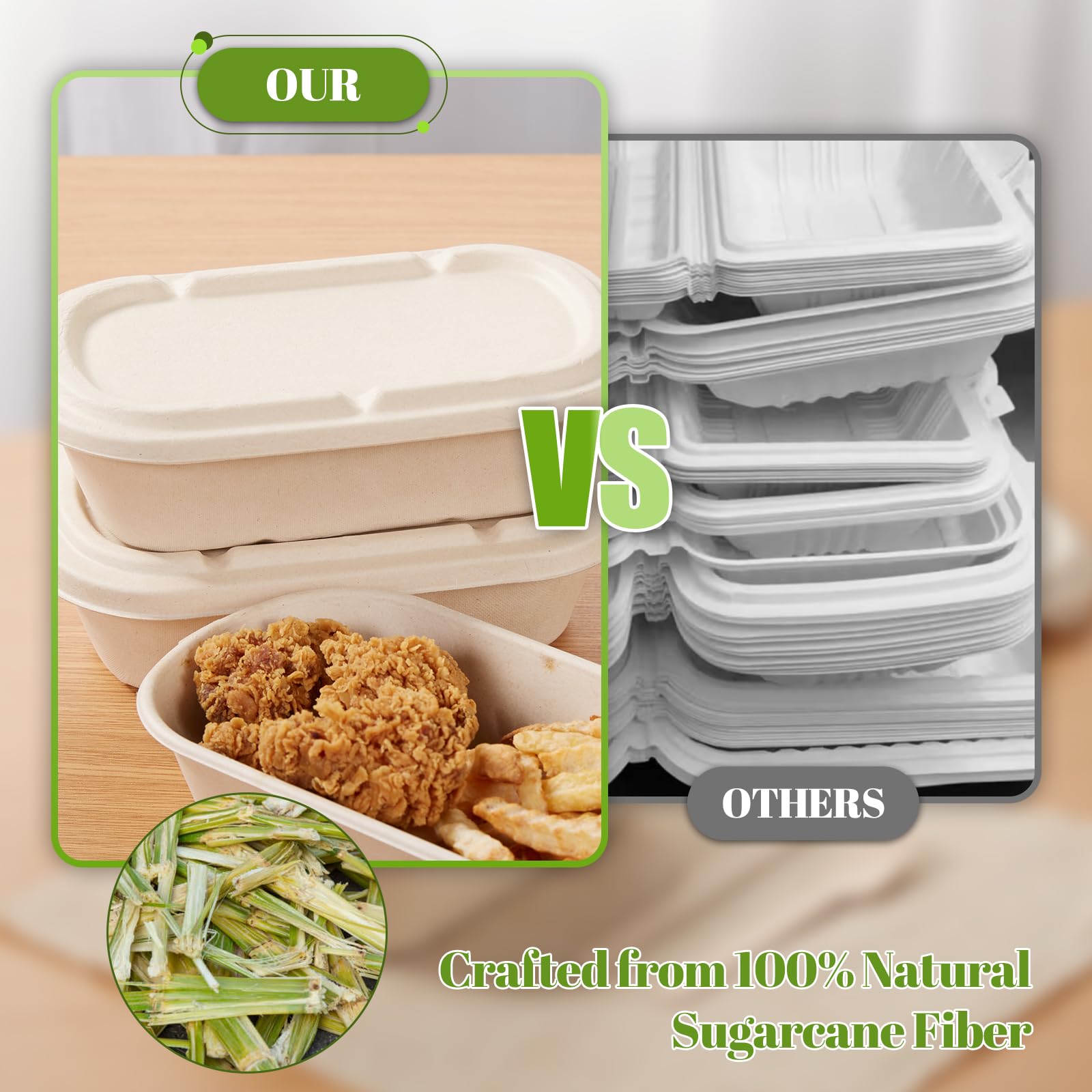 Contenitori per alimenti compostabili da asporto, 100% ecologici, in polpa di canna da zucchero, biodegradabili, adatti al microonde, usa e getta, per insalata, preparazione dei pasti, piatti