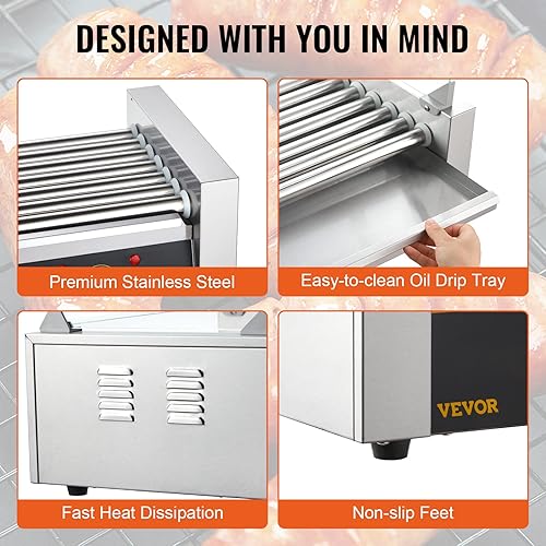 Miniatura 6 de VEVOR Rodillo para perros calientes, 7 rodillos, 18 perros calientes, capacidad de 1050 W, máquina de cocina de parrilla de salchichas de acero
