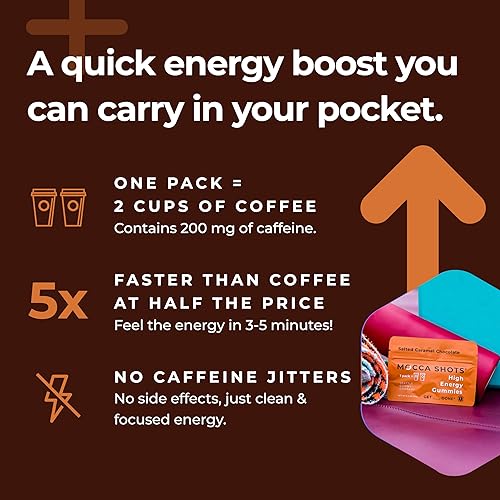 Vista 5 de Mocca Shots – Caramelo Salado 100 mg Gummies de cafeína (12 paquetes, 2 por paquete) Café Energía Masticar Gummy, Vegano, Sin gluten, Todo Natural