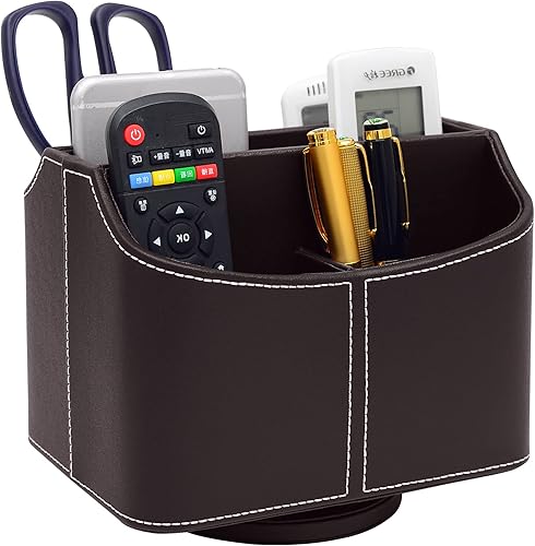 Miniatura 15 de Soporte de cuero antiguo para control remoto giratorio de 360 grados, organizador giratorio de escritorio para mandos a distancia de TV, bolígrafo,