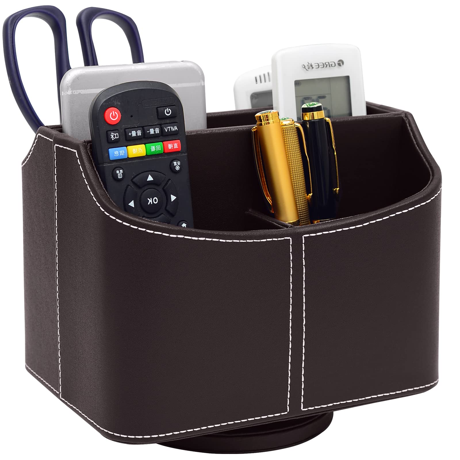 PU Leather Remote Control Holder 360 Degree Spinning Desk Organizer Storage Box for Remote Controllers, TV Guide, Mail, Electronics, Pen,Stationery and Media Storage (Brown)