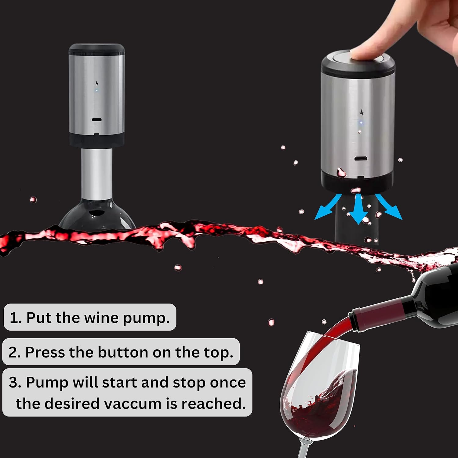 Wine Stopper, Automatic Vacuum Wine Pump, Pumps out air from bottle keeping wine fresh- great wine accessories -gift for wine enthusiast - Rechargeable Electric pump KUBEDIN