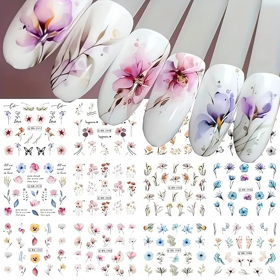 SINSEN 12 Designs Ink Flower Nail Art Stickers Leaves Daisy Lavender Floral Pattern Water Transfer Nail Decals Spring Summer Nail Designs Blossom Flowers Nail Art Decorations for Women Girls