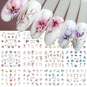 SINSEN 12 Designs Ink Flower Nail Art Stickers Leaves Daisy Lavender Floral Pattern Water Transfer Nail Decals Spring Summer Nail Designs Blossom Flowers Nail Art Decorations for Women Girls