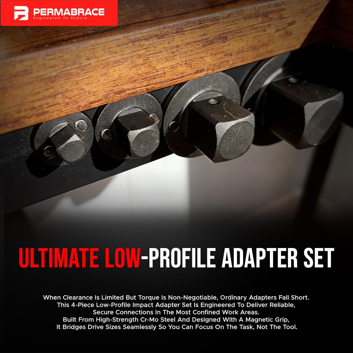 4-Piece Low Profile Impact Socket Adapter Set - Drive Size Converters (1" to 3/4", 3/4" to 1/2", 1/2" to 3/8", 3/8" to 1/4") for Tight Spaces