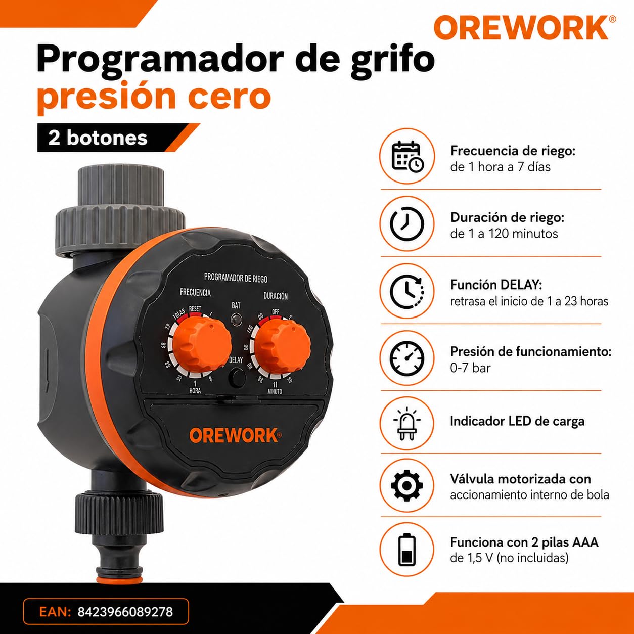 OREWORK Programador de Grifo Presión Cero 2 Botones, Temporizador de Riego Automático 0-7 Bar, Frecuencia 1 Hora a 7 Días, Duración 1-120 Min, Función Delay, Válvula Motorizada