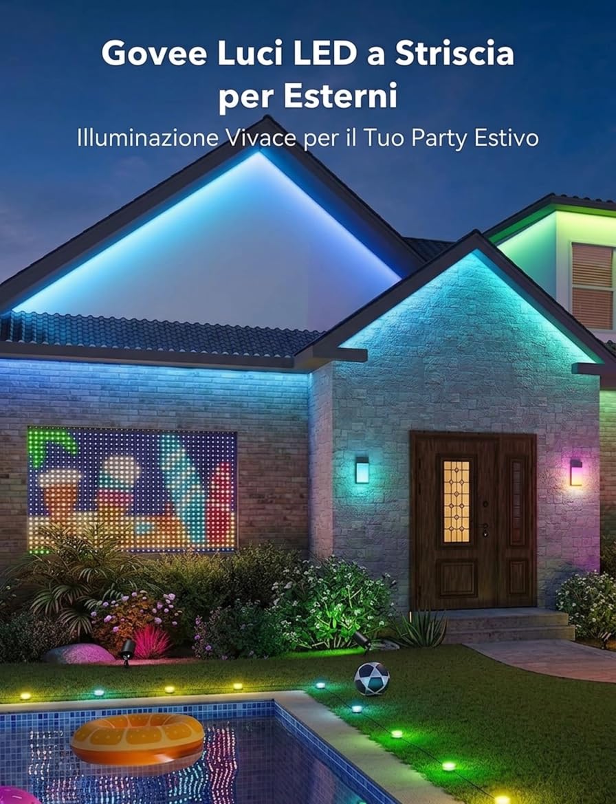 Govee Striscia luminosa a LED da 10 m per esterni, luci intelligenti per esterni, funzionano con Alexa e Google Assistant, IP65 impermeabile, luci esterne RGBIC per terrazze, decorazioni per feste