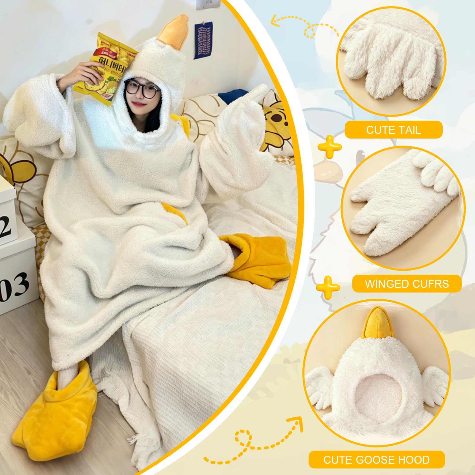 Pijama de Pato y Mono de Ganso Vestible, Manta con Capucha Graciosa para Adultos, Body Sudadera para Parejas en Felpa Suave, Saco de Dormir Grueso de Lana Coral