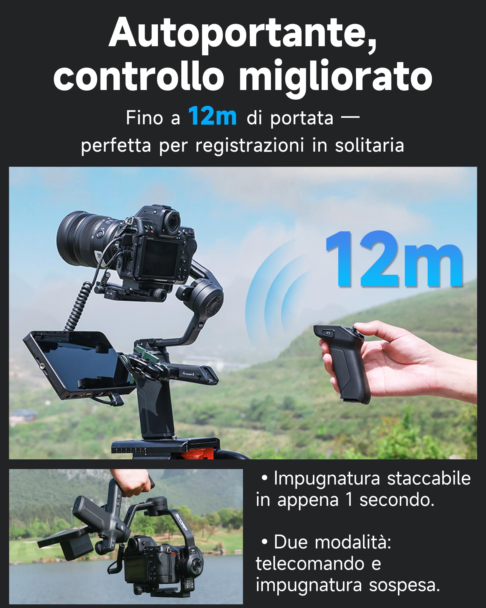 Feiyutech SCORP 3 [UFFICIALE] Stabilizzatore Gimbal per Fotocamera con Tracking AI 4.0 Integrato,Carico Utile di 3,5 kg,Impugnatura Rimovibile con Controllo Wireless a 12m,Riprese Verticali Native