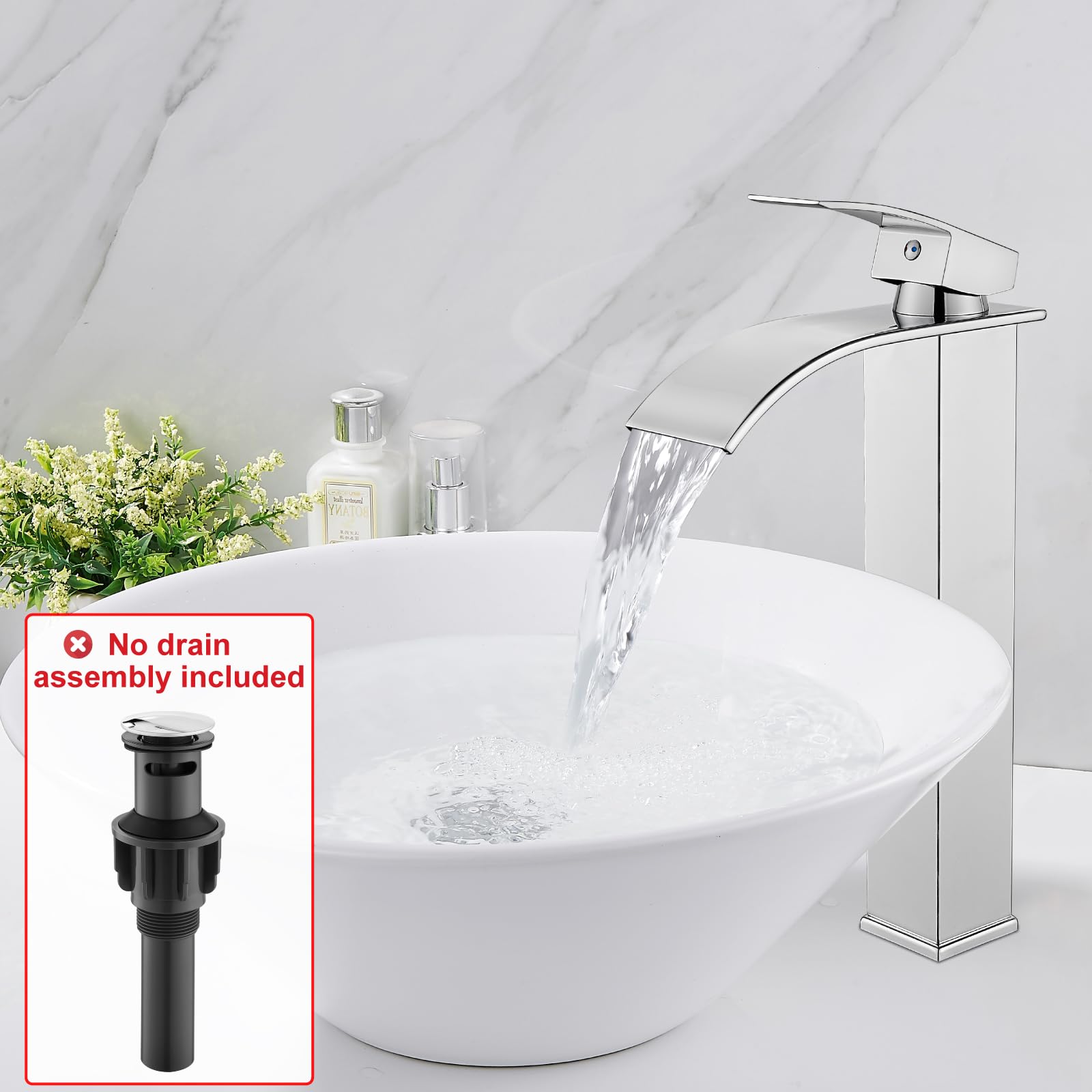 Midanya Rubinetto da bagno con beccuccio a cascata, maniglia singola, 1 foro, rubinetto per lavabo da bagno, moderno per camper, lavabo con tubo dell'acqua, senza scarico, corpo alto, cromato lucido