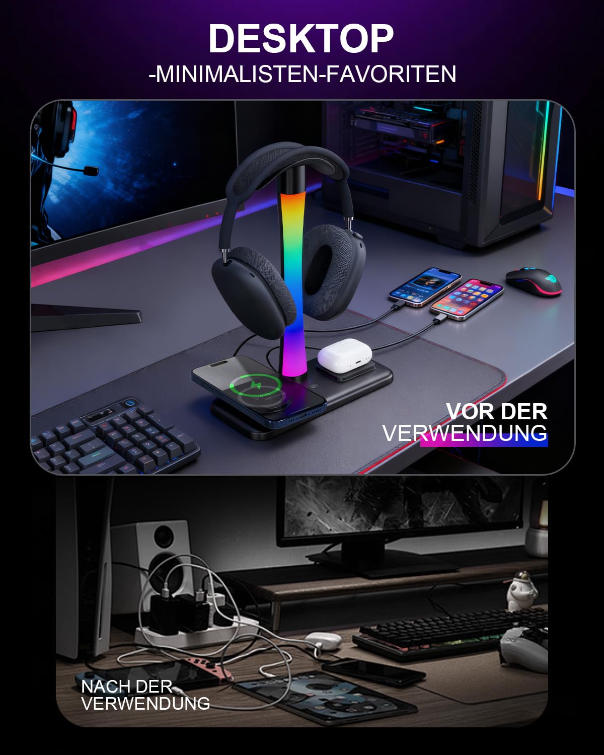 Trongle 3 in 1 RGB Gaming Kopfhörer Ständer mit 15W Wireless Ladegerät, Gaming-Headset-ständer Headset Halterung Wireless Charge Kopfhörer Halter mit 1*USB 2*Typ-C 10 Lighting Effects Modes Schwarz