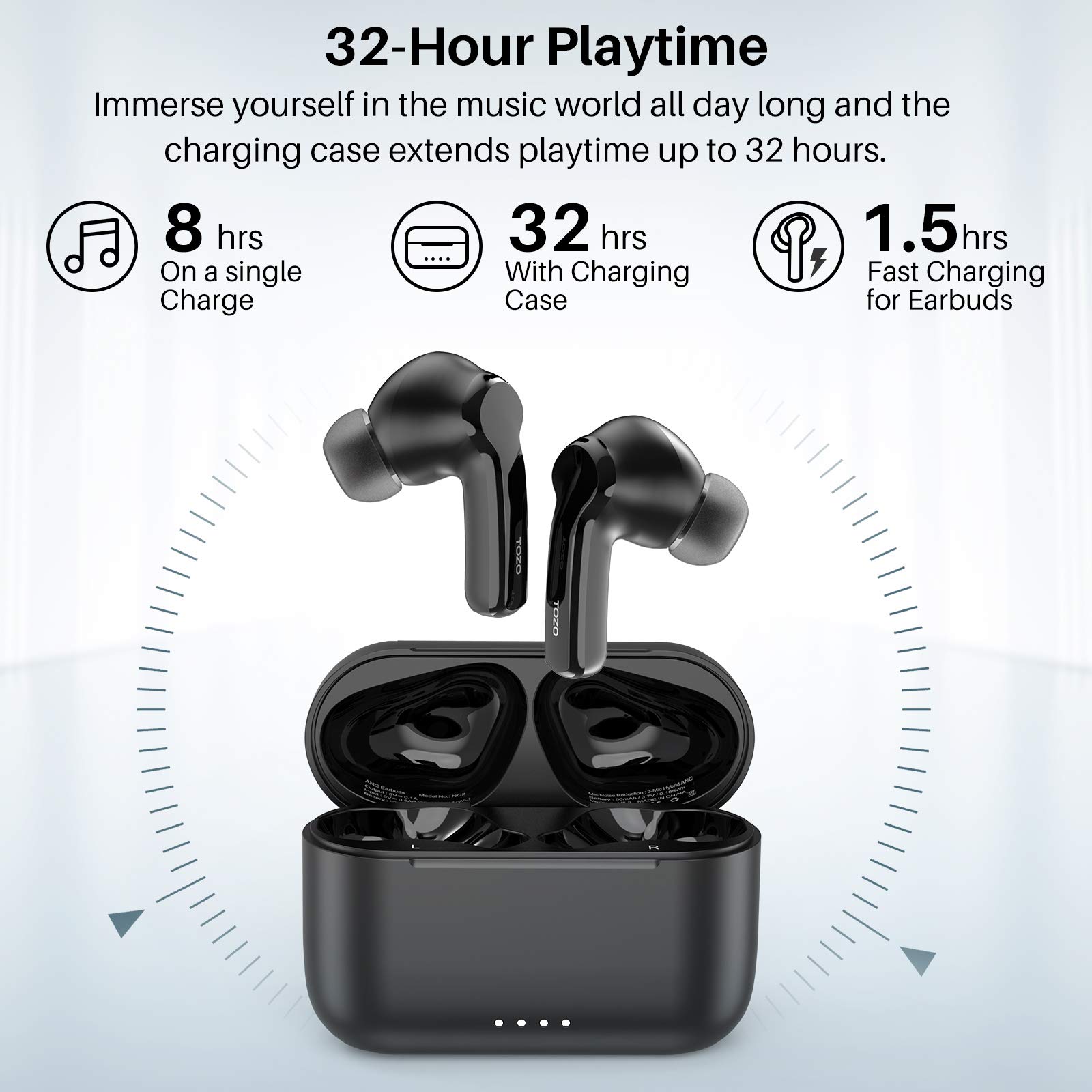 TOZO NC2 Hybrid Active Noise Cancelling Wireless Earbuds, inEar