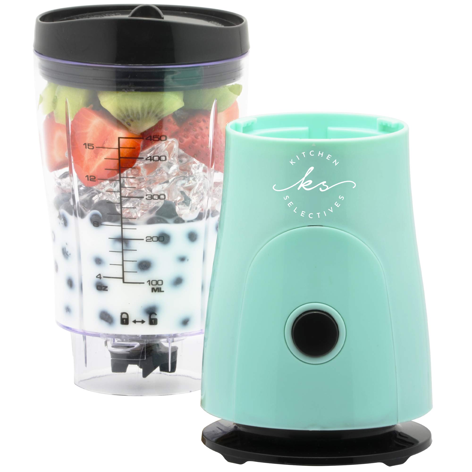 Mini licuadora de 14 onzas, licuadora personal y portátil para batidos de frutas y más, con potente hoja de acero inoxidable y tapa para bebidas, color verde menta 3