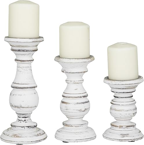 Miniatura 12 de Deco 79 Portavelas decorativo de madera de mango, soporte de vela de pilar torneado envejecido, juego de 3 portavelas de 6 pulgadas, 8 pulgadas, 10