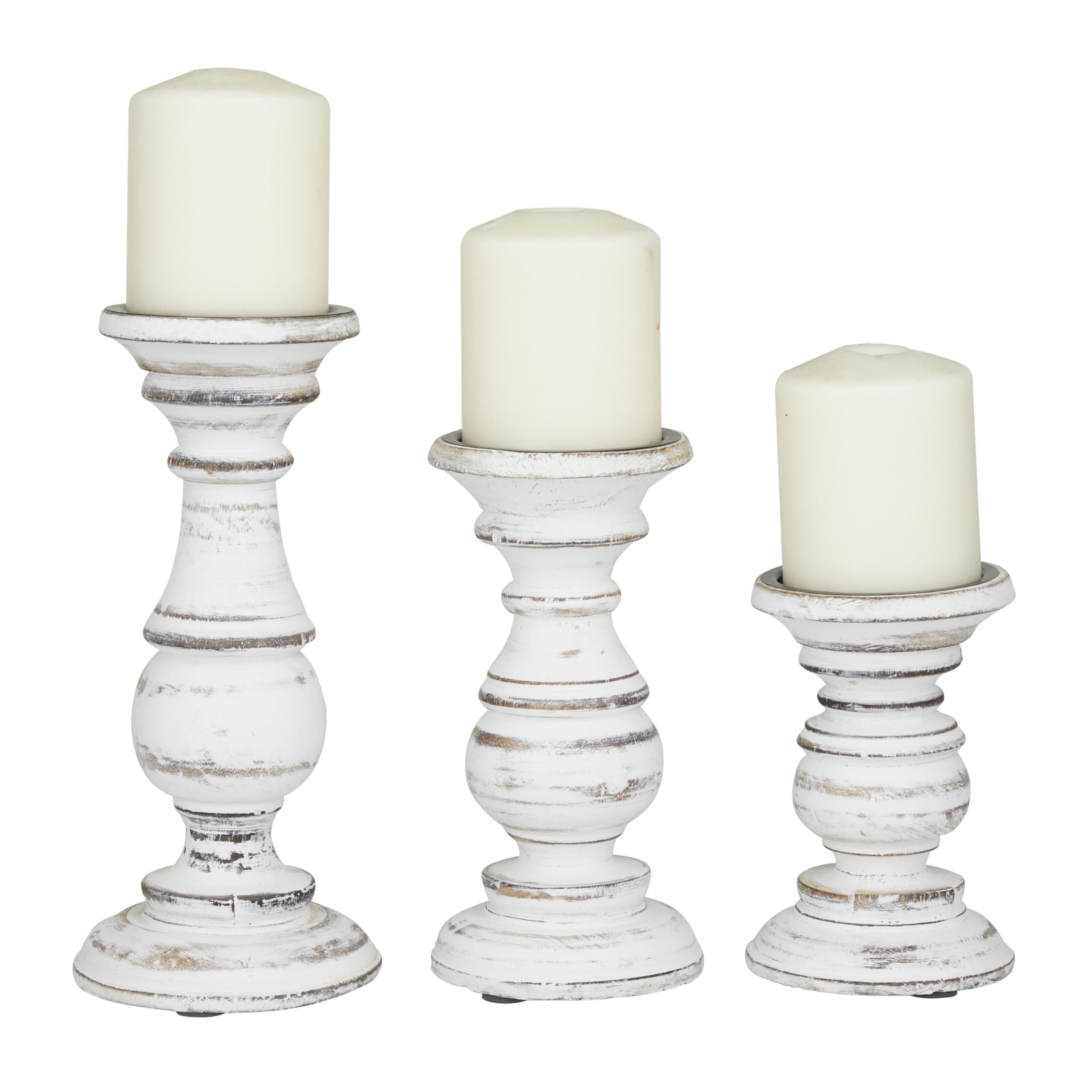 Deco 79 Mango Wood Decorative Candle Holder Turned Style Pillar Candle Stand, Set of 3 Candlestick Holder 10", 8", 6”H, White