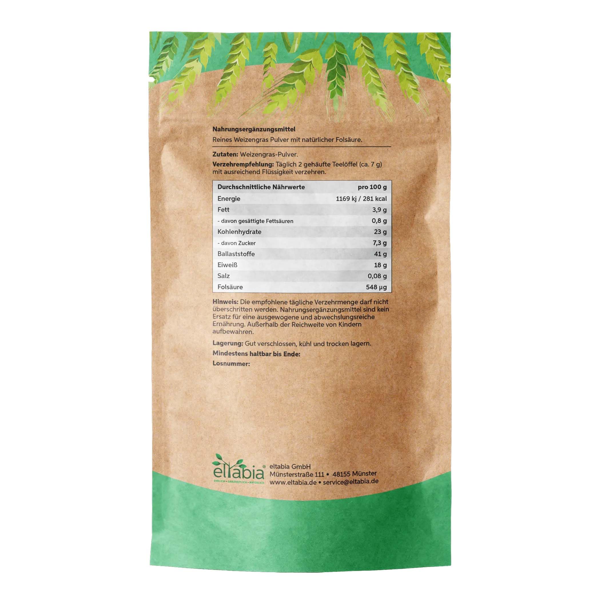 Weizengras Pulver gemahlen 1kg | Weizengras Pulver in Premium Rohkost-Qualität aus EU-Anbau | 100% rein ohne Zusätze