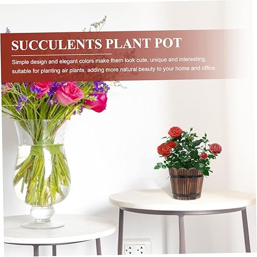 Miniatura 7 de Yardwe Maceta suculenta de madera retro de madera maciza carbonizada decoración de escritorio maceta cerámica decoración del hogar Ic ollas