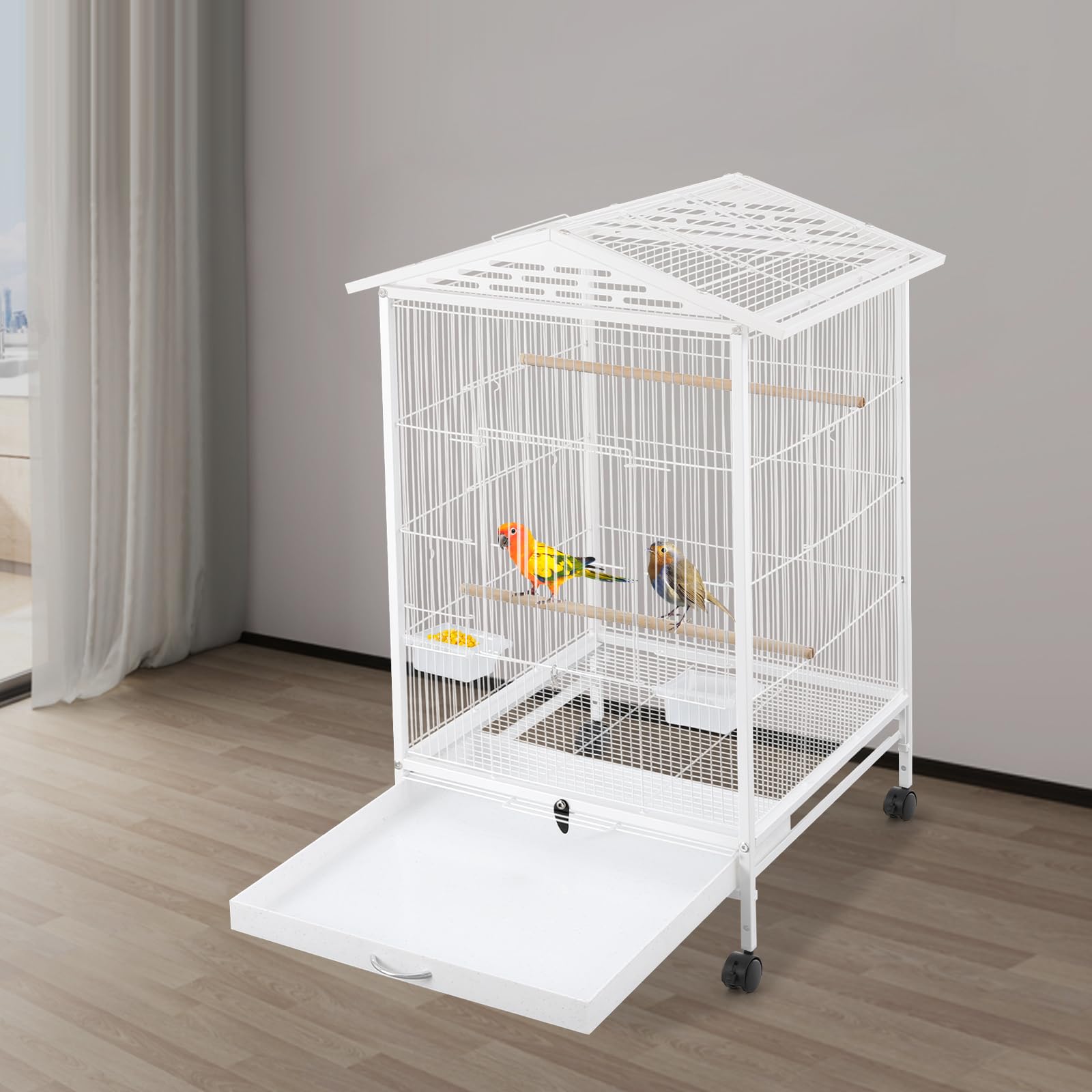 Jaula de metal para pájaros, color blanco, 46 x 46 x 86 cm, con 4 ruedas universales (2 con frenos), techo abierto, bandeja extensible, 3 perchas y comedero/bebedero