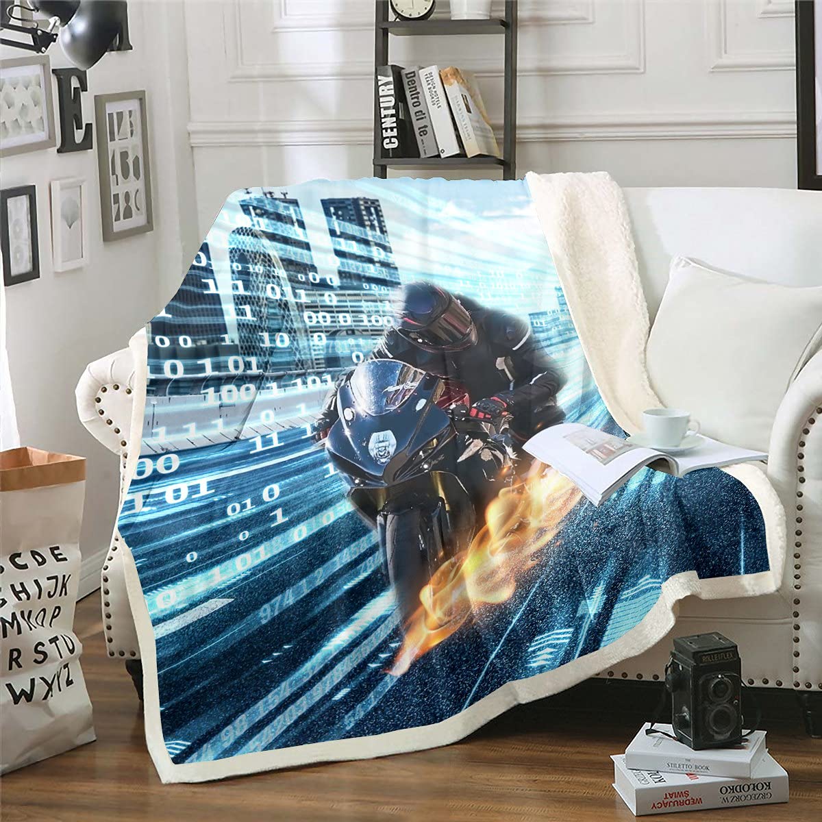 Coperta in pile Sherpa per motocross Rider Extreme Sports Theme Coperta in pile per bambini ragazzi ragazze modello moto coperta coperta coperta coperta per divano letto, bambino 70 x 100 cm