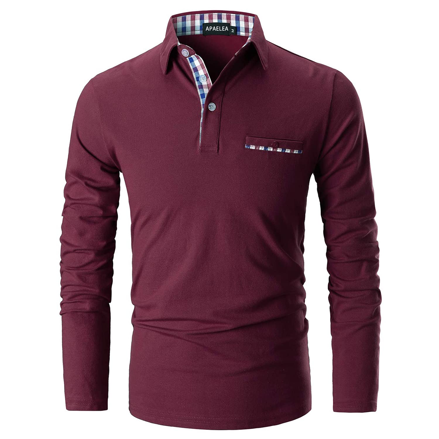 APAELEAMen's Long Sleeve Polo Shirt Casual Rugby Shirts with Plaid Down