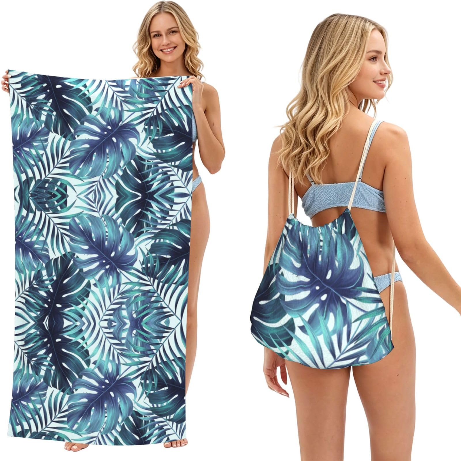 ESNAIUVCD Tropical Palm Leaves Print Beach Towel For Adults,Towel With Drawstring Bag, Travel Pool Swimming Sports Shower Sand Free Quick Dry Bath Towel For Pool, Beach, Yoga- 180x60cm
