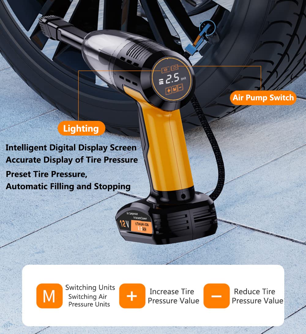 Aoun Aspirateur De Voiture Portable sans Fil Et Gonfleur De Pneus avec Manomètre, Écran LCD Et Lumière LED, Aspirateur à Main à Forte Aspiration 9000pa, Rechargeable électrique Pompe à Air sans Fil