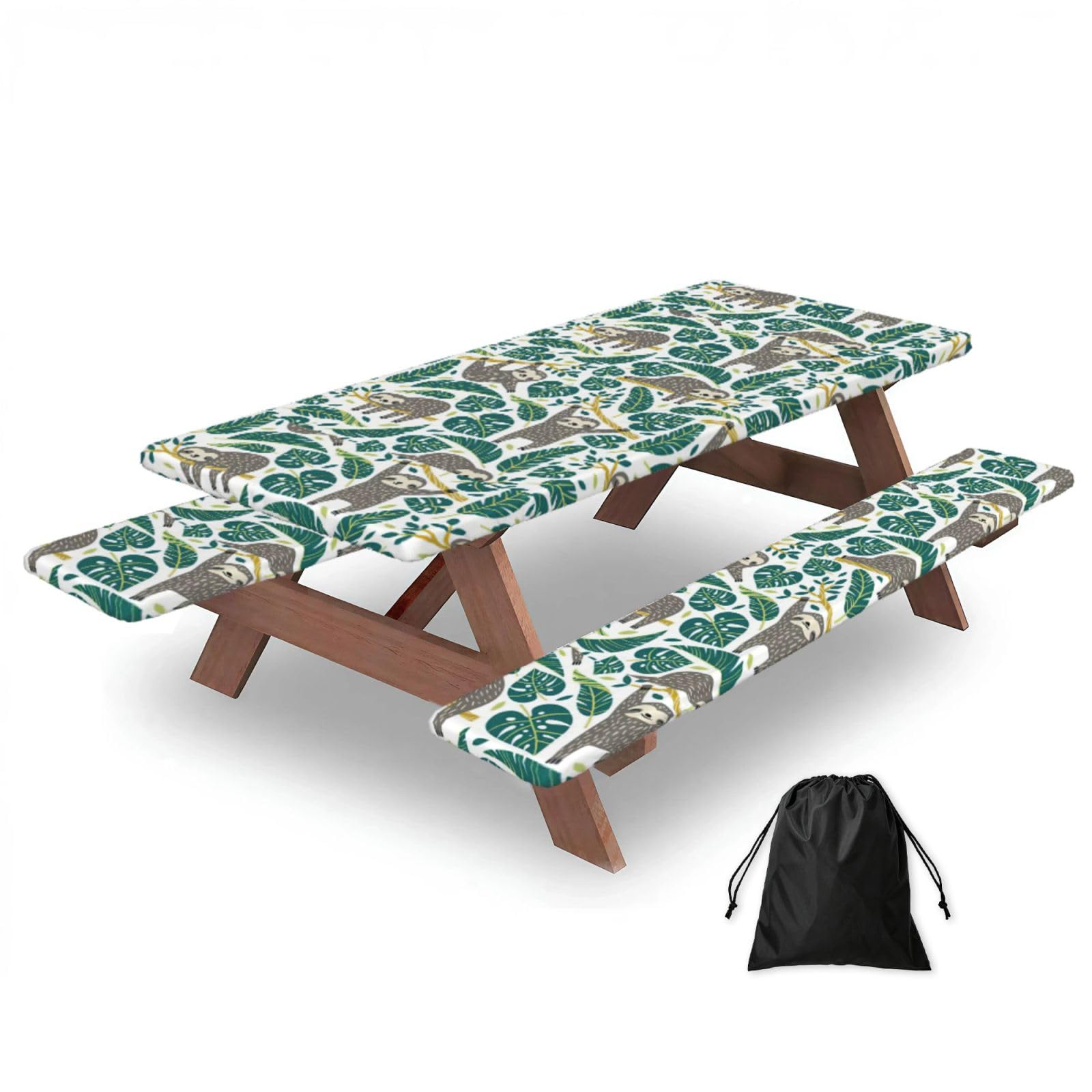 Yqxwjl Black Adorable Sloth Print Camping Essentials Waterproof Camping Table And Bench Cover With Drawstring Bag 183 Cm