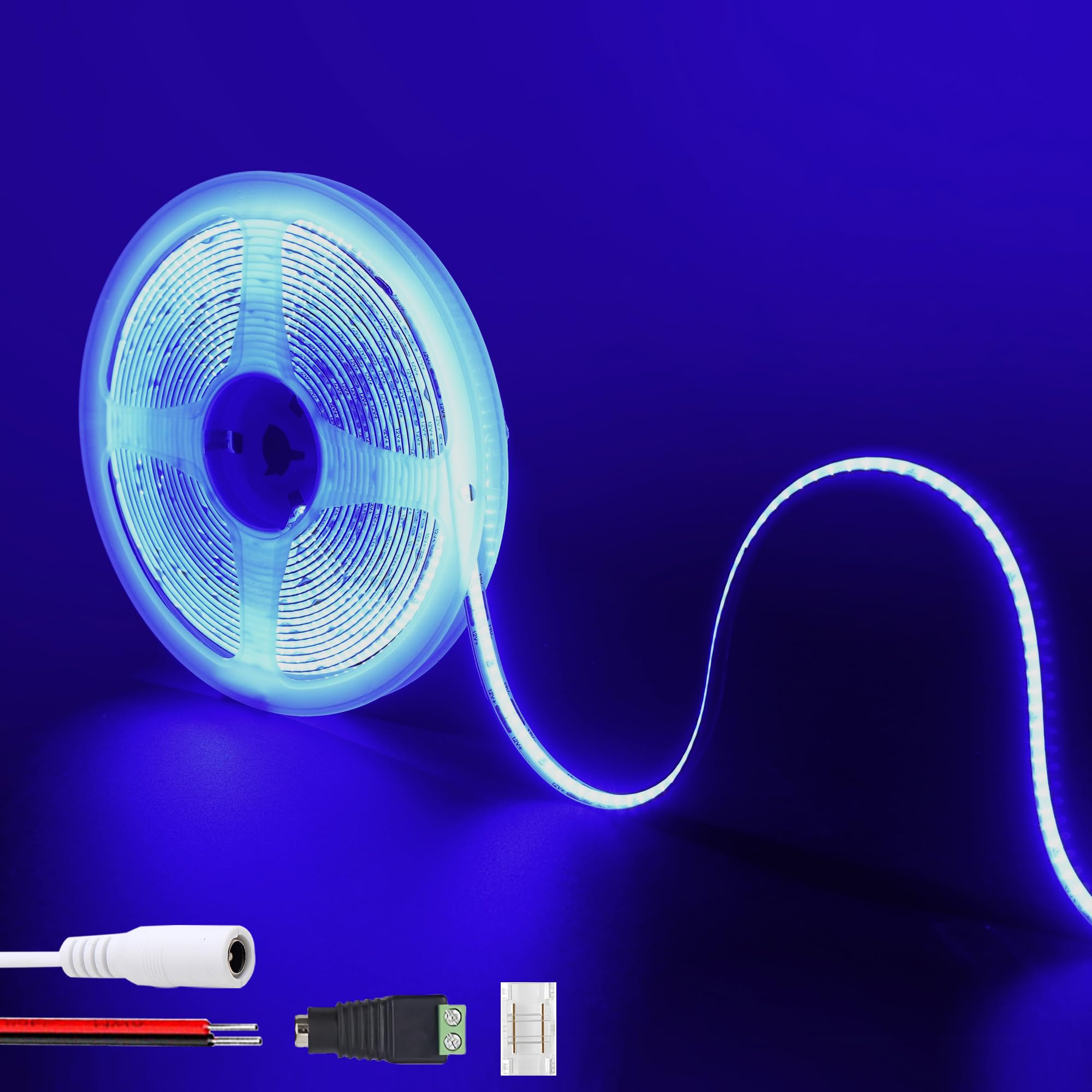 Clearhill 12V COB LED Strip Lights 6.56FT/2M(No Power Supply),Blue,320LEDs/M,with 5521DC Female and red and Black Wire Connectors,8mm Width,IP20,for DIY Home Indoor Decoration