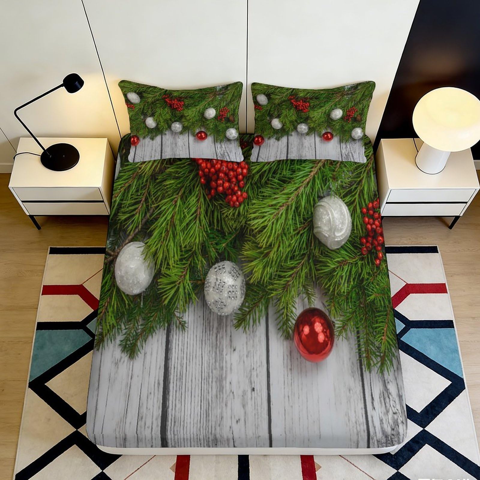Jqzkxnhpbr Style-4 3D Printed Christmas Pine Fitted Sheet Microfiber Soft Breathable Ornament Bed Cover For Bedroom Guest Room Decor 90X200x25cm