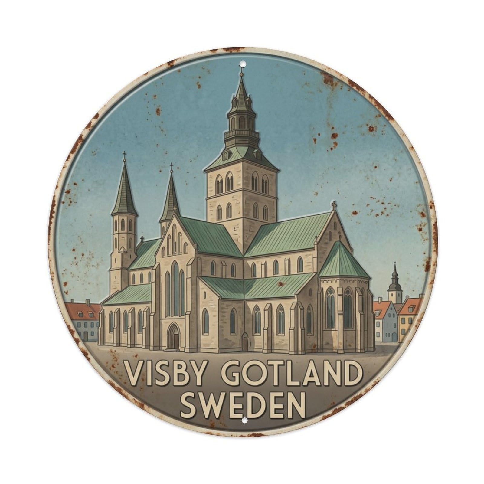 Vintage Travel Visby Sweden Cathedral Metal Tin Sign