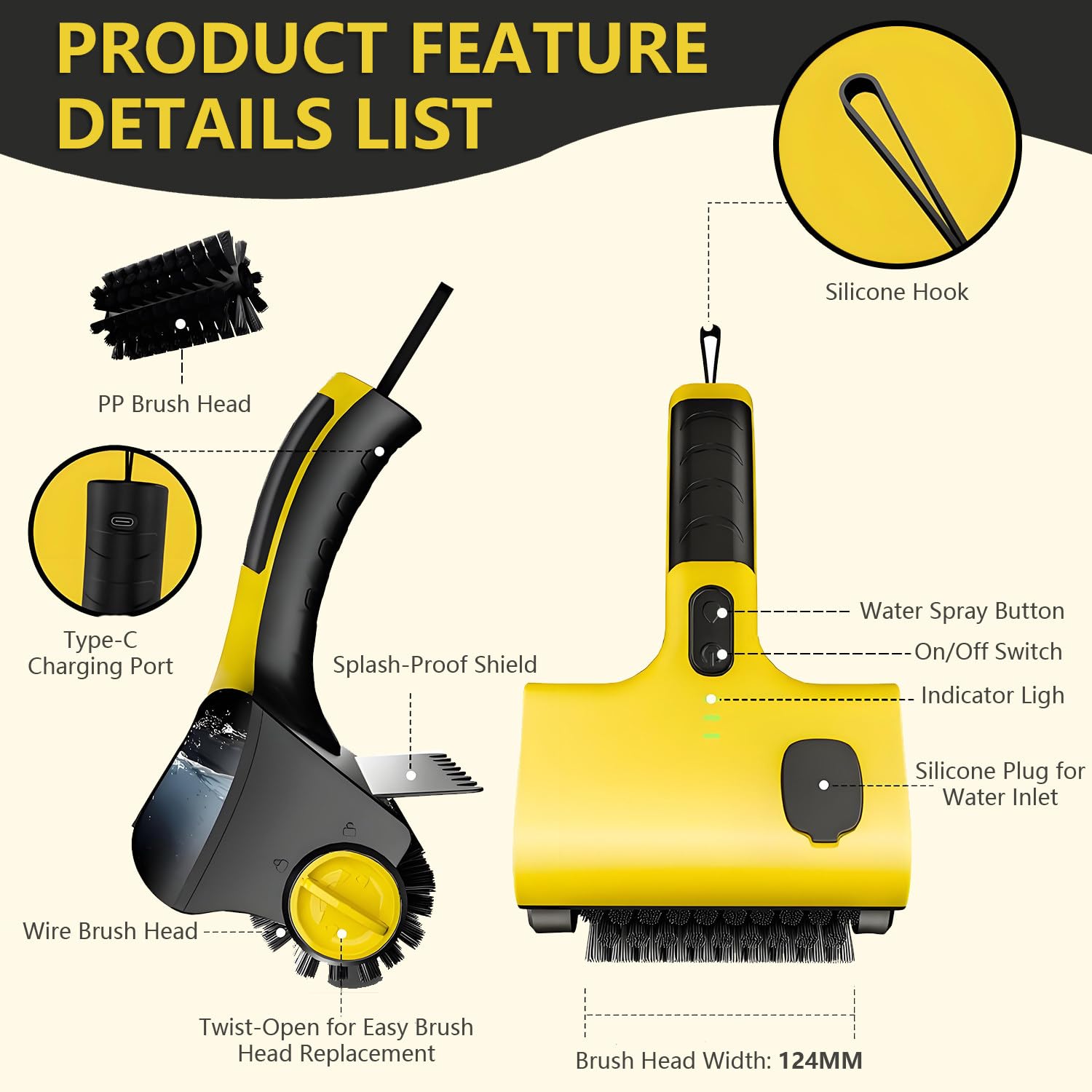 Spazzola Barbecue, Pulisci Griglia BBQ Elettrico, con 2 Testine Rotanti a 360°, 2 velocità Regolabili, Spruzzo d'Acqua One-Touch, Adatto per La Pulizia di Piastrelle, Fornelli