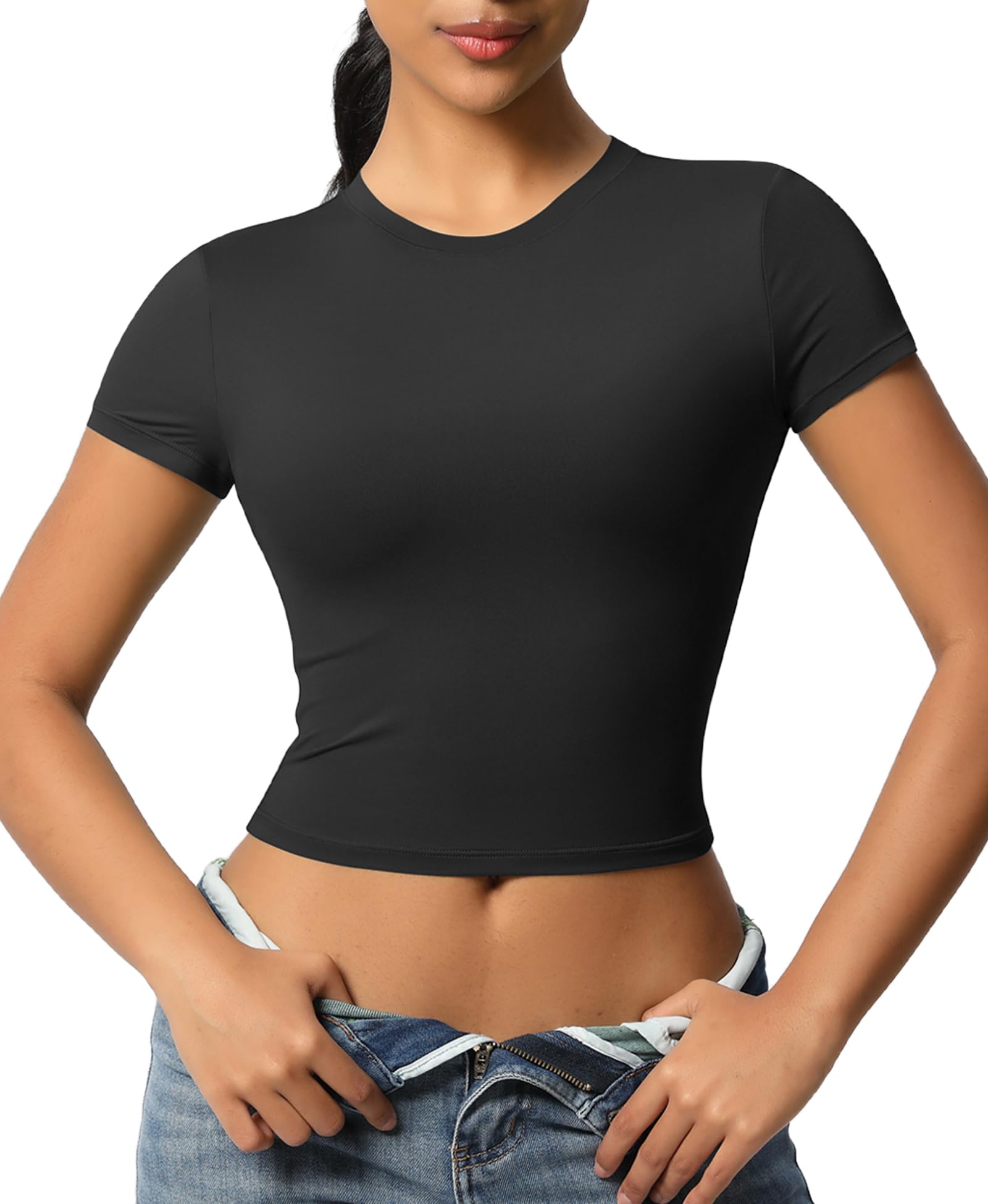 Camiseta Deportiva Manga Corta Mujer Transpirable Running Compresión Cuello Redondo Yoga Fitness Gym Crop Top