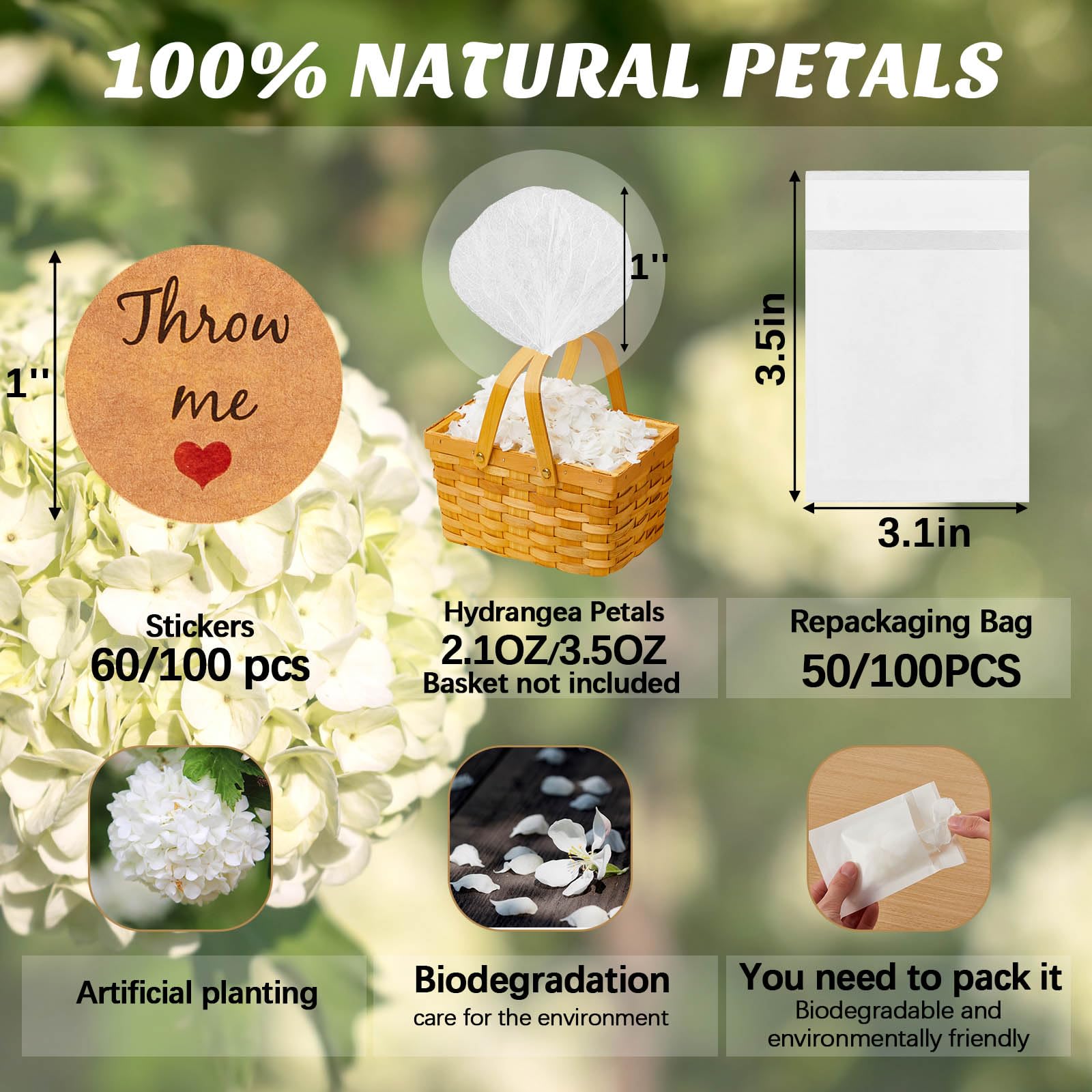 Wavwavw 103 Pack Biodegradable Confetti, White Dried Hydrangea Flower Petals with 100 Pcs Throw Me Stickers Wedding Confetti Biodegradable Flower Petals for Wedding Ideas Valentines Day Decor(100g)