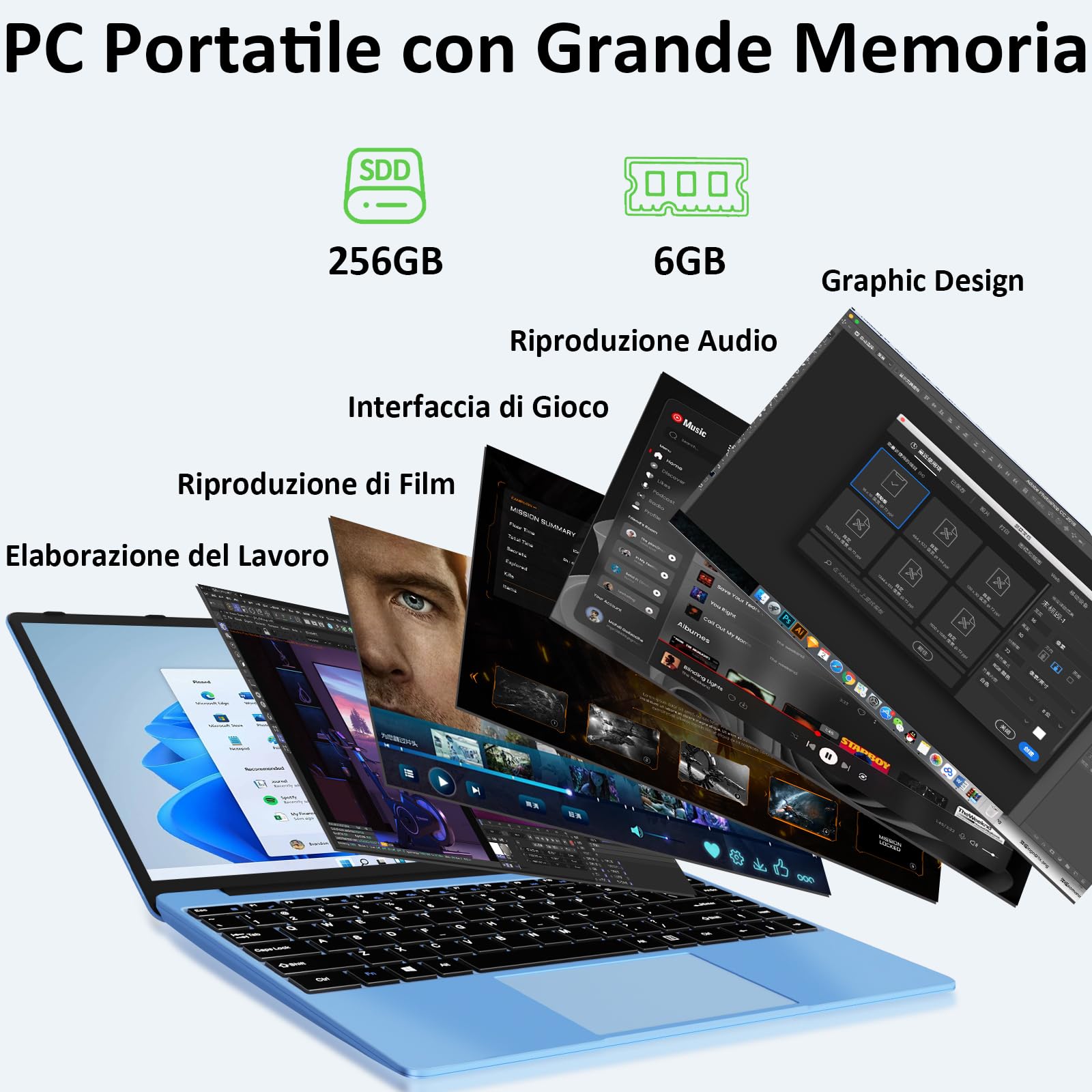 Celeron N4020 Upto 2.8 GHz Win11 Pro Laptop 6 GB RAM 256 GB SSD - Dettaglio