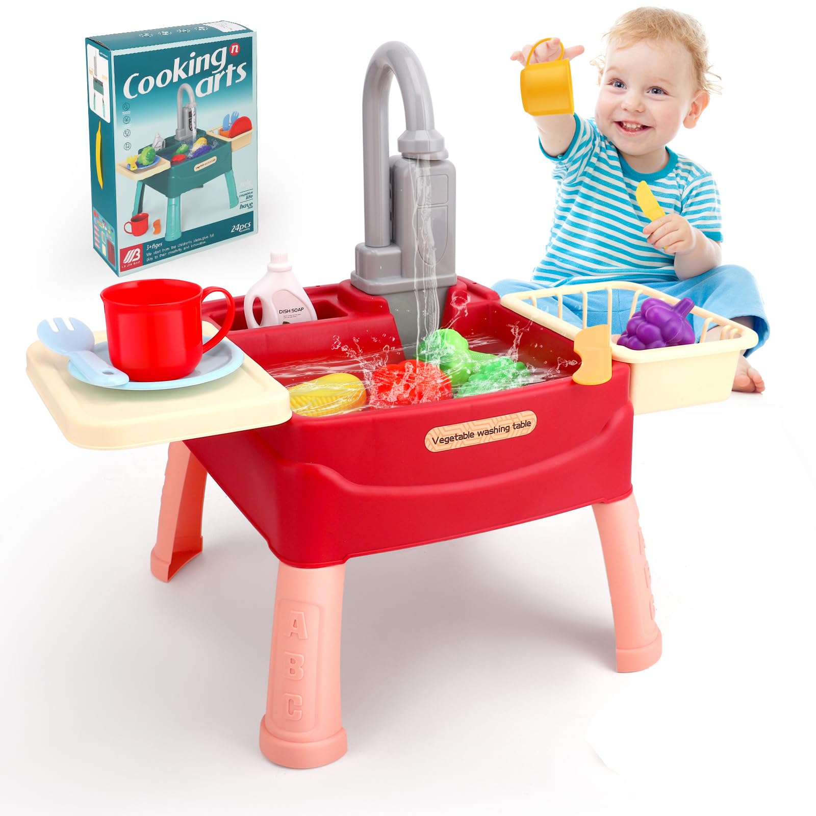 23 Pcs Play Kitchen Sink with Running Water for Toddlers, Water Play Table with Electric Tap/Tableware/Vegetable Fruit, Toy Kitchen with Automatic Water Cycle System for 3-9 Years Old Boys Girls Gifts