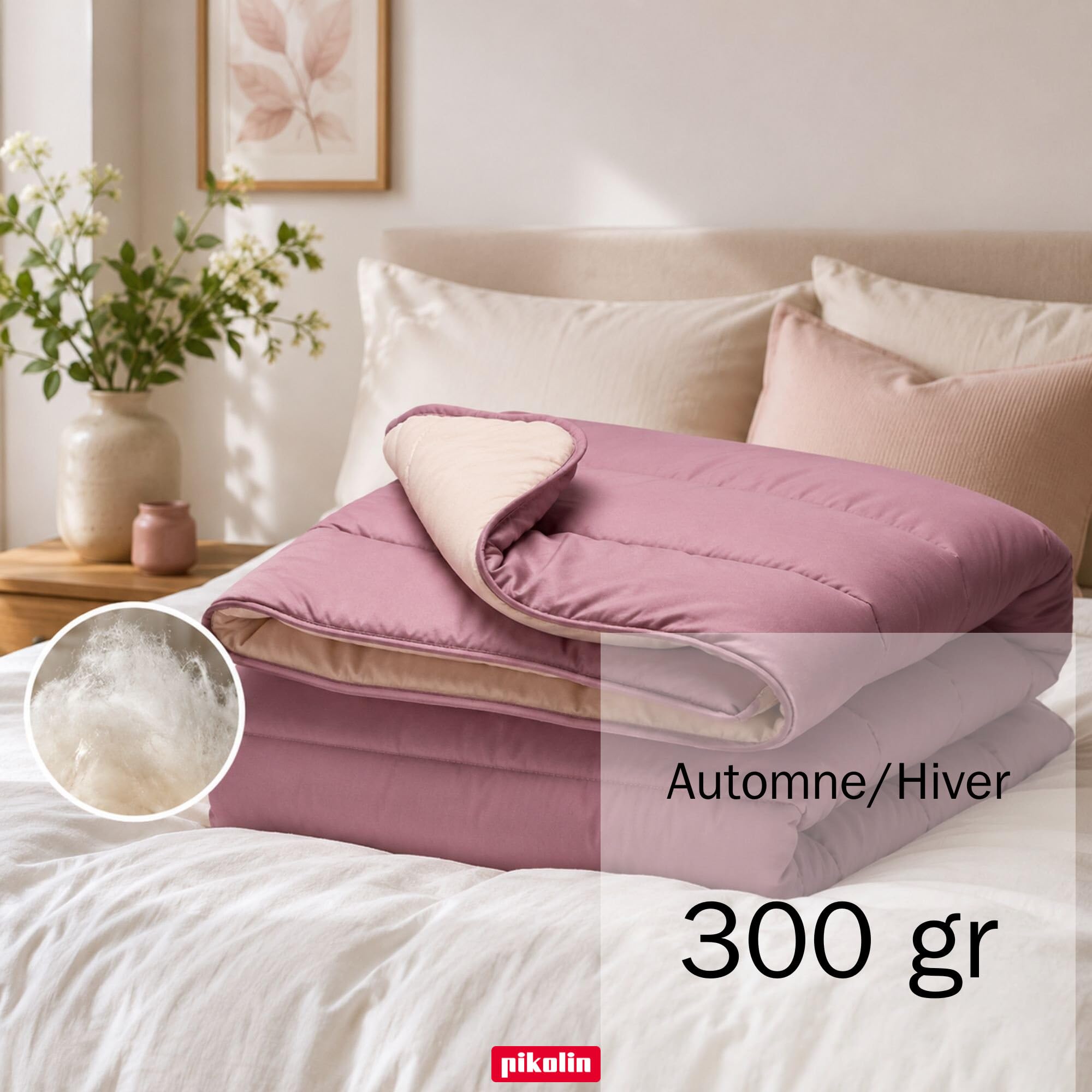 PIKOLIN Couette 180 x 220 cm 300 g Tempérée en Fibre Ecolofil pour Lit 1 Personne - Couette Réversible Toucher Plume, Lavable, Douce et Respirante - Bicolore Mauve