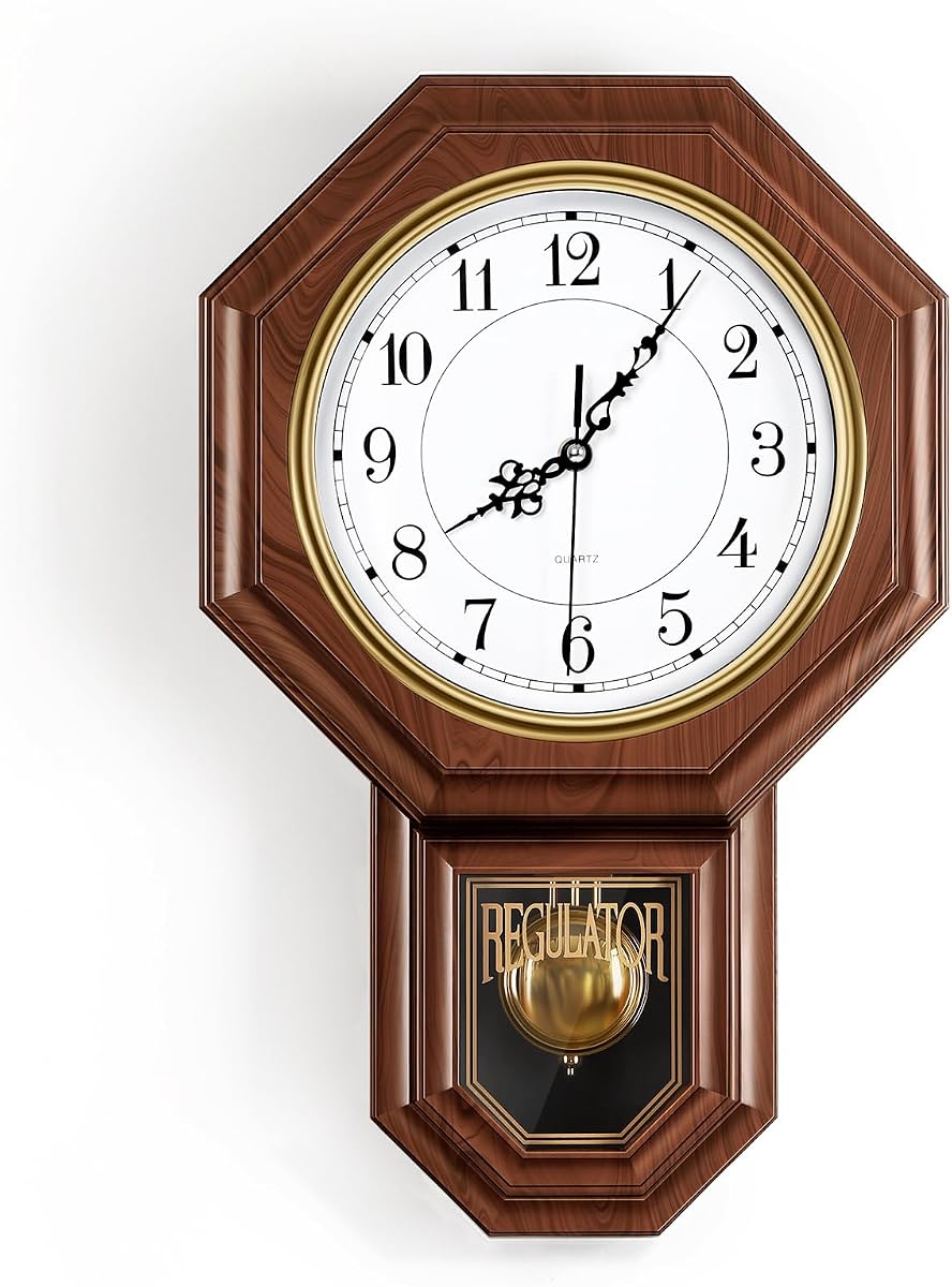 de pared de péndulo, relojes de pared con regulador de plástico de imitación de madera, marrón | Funciona con pilas,Sin tictac,Regalo retro de decoración de pared,Fácil de leer,Para sala de estar,Comedor,Escuela,Casa de campo