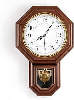 KANEODOT Vintage Pendulum Wall Clock Battery Operated - Imitation Wood Regulator Clock for Farmhouse Living Room Kitchen Office Bedroom
