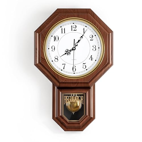 Pendulum Wall Clock,Imitation Wood Plastic Regulator Wall Clocks,Brown | Battery Operated,Non-Ticking,Retro Wall Decor Gift,Easy to Read,For Living Room,Dining Room,Schoolhouse,Farmhouse