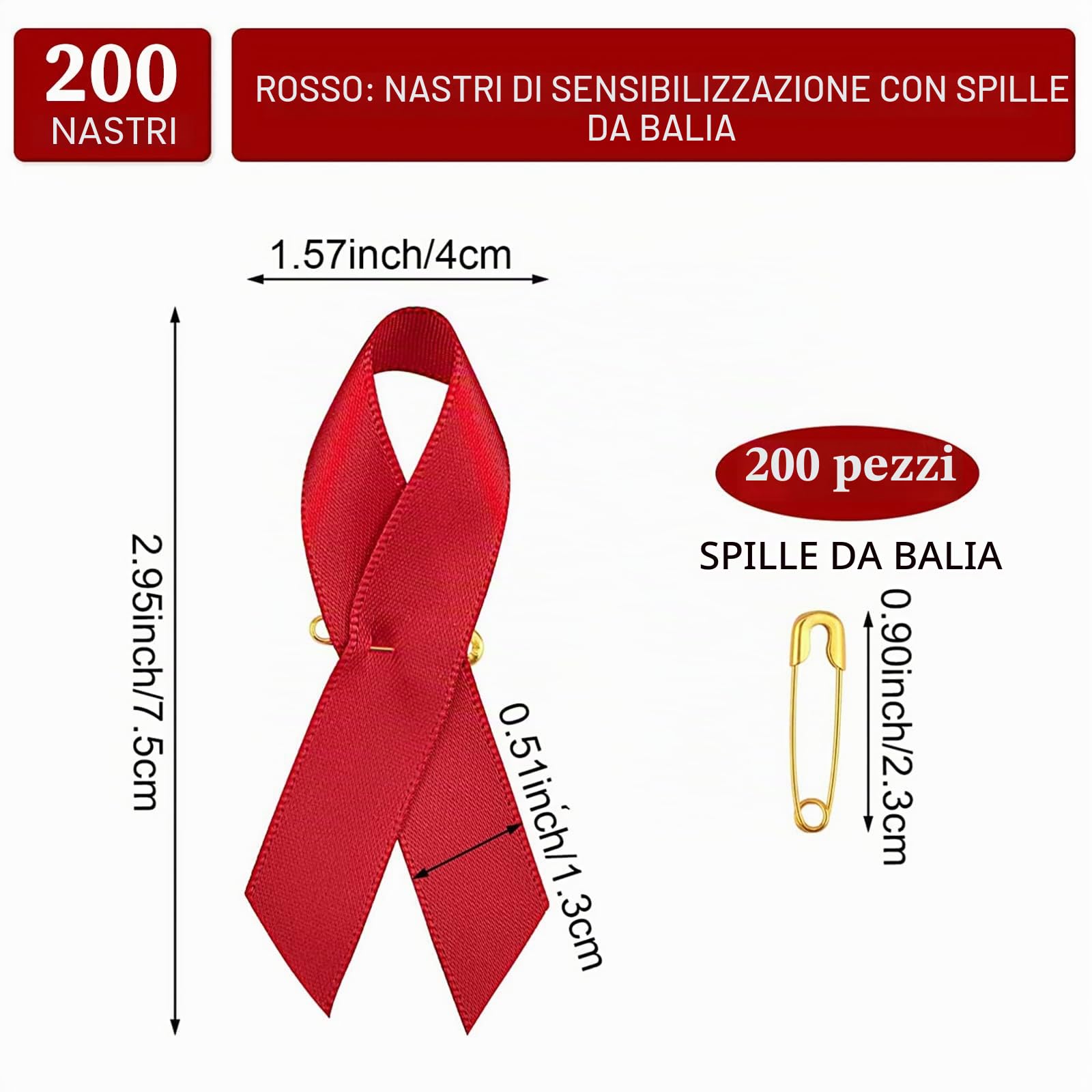 200 spille rosse in raso con nastro di raso per la consapevolezza dell'HIV/AIDS, per la prevenzione della droga, con spilla di sicurezza per uomini e donne