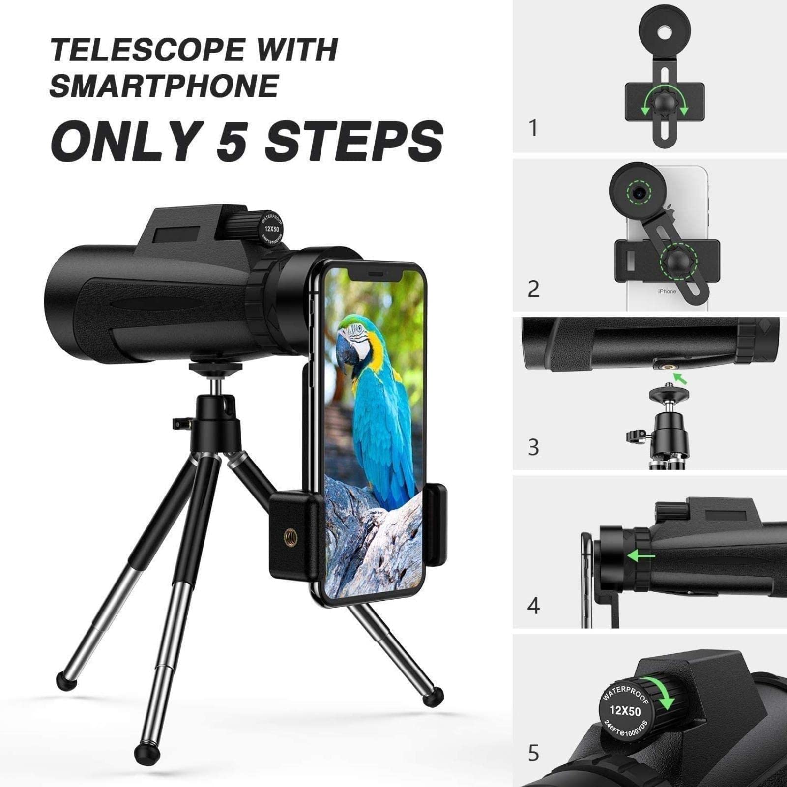 Monoculare GOHHME 12x50 HD Con Treppiede E Supporto Smartphone | Impermeabile Per Birdwatching, Caccia E Escursionismo - Foto 6