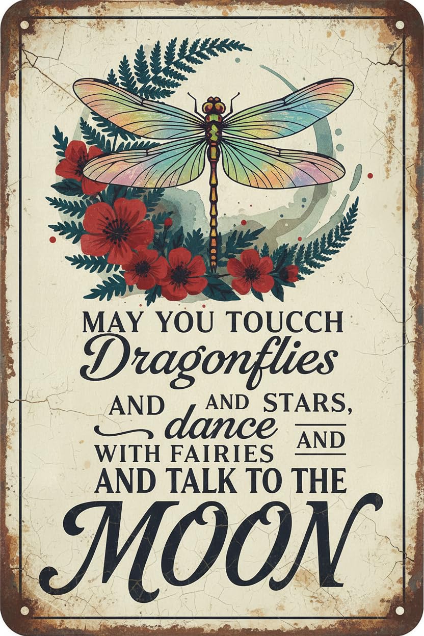 May Touch Dragonflies And Stars Tin Sign, 8x12 Inch